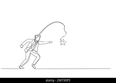 Cartoon of businessman running with carrot stick trying to grab star prize award. Metaphor for incentive. One continuous line art style Stock Vector