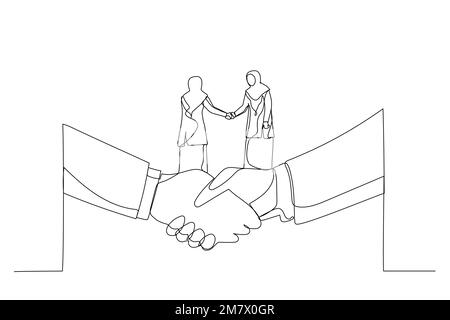 Cartoon of muslim woman shaking hands and making deal standing on giant hand. Metaphor for small and big business. One line art style Stock Vector