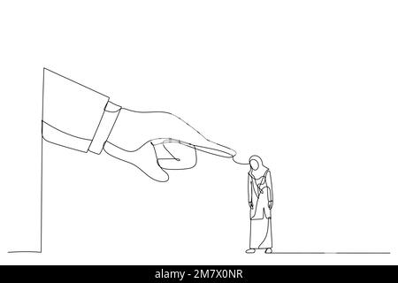 Cartoon of giant hand angry points a finger at arab woman employee. Metaphor for job reduction or dismissal. One line art style Stock Vector