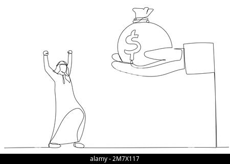 Drawing of giant boss hand giving stack of coins money to happy arab businessman. Metaphor for bonus money, salary or income increase. Single continuo Stock Vector