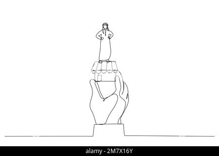 Cartoon of giant hand holding a arab man who works on laptop, metaphor ...
