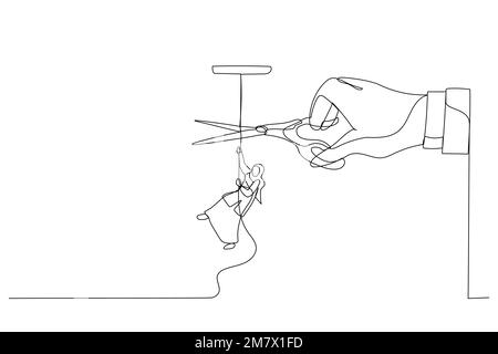 Drawing of muslim woman climbing on rope meanwhile a giant hand with scissors cutting the rope. Continuous line art style Stock Vector