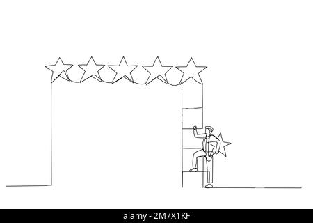 Drawing of businessman holding 5th star climb up ladder to put on best rating. Concept of customer feedback. Continuous line art style Stock Vector