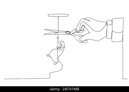 Drawing of arab businessman climbing on rope meanwhile a giant hand with scissors cutting the rope. One line style art Stock Vector