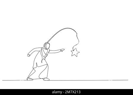 Drawing of muslim woman running with carrot stick trying to grab star prize award. Metaphor for incentive. Continuous line art Stock Vector