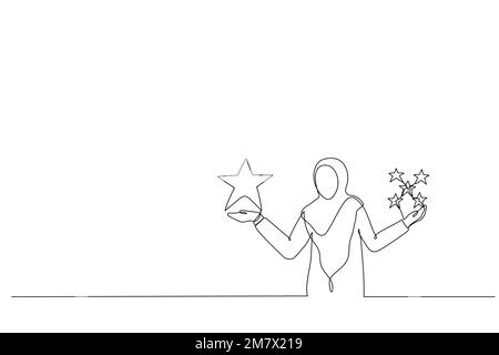 Drawing of muslim woman holding comparing quality of stars. Metaphor for quality vs quantity. One line art style Stock Vector