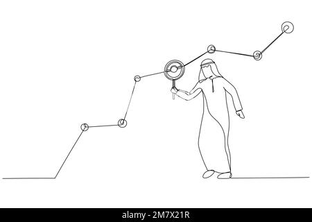 Drawing of arab businessman marketer holding magnifying glass analyze customer data graph and chart. Continuous line art Stock Vector