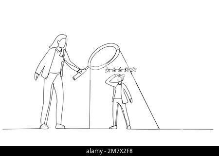 Drawing of businesswoman manager use magnifier to analyze employee with 5 stars rating. Metaphor for employee performance evaluation. One line art sty Stock Vector