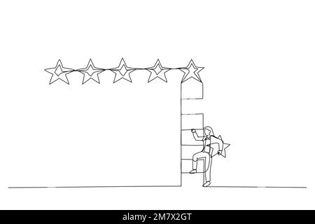 Cartoon of businesswoman holding 5th star climb up ladder to put on best rating. Concept of customer feedback. Single line art style Stock Vector