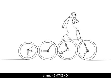 Illustration of arab businessman expert jumping on time passing alarm clock. Procrastination or work productivity concept. One line art style Stock Vector