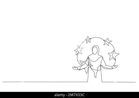 Drawing of five stars performance score by muslim woman. Metaphor for feedback and comments. One line art style Stock Vector