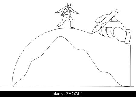 Drawing of giant hand draws a path to help the businessman cross the mountains, metaphor for conquering adversity. One line style art Stock Vector