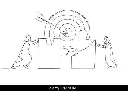 Cartoon of arab businessmen connecting puzzle elements. Metaphor for teamwork success target achievement. Single line art style Stock Vector