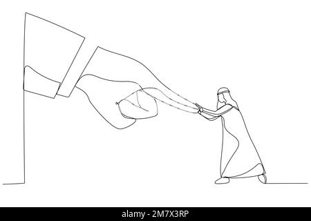 Illustration of arab businessman fight and keep pushing against giant business hand. Metaphor for conflict against boss or employer. One line art styl Stock Vector