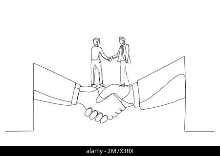 Drawing of businessman shaking hands and making deal standing on giant hand. Metaphor for small and big business. Single line art style Stock Vector