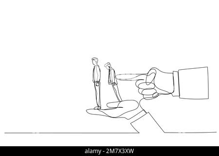 Illustration of index finger overturns row of businessman standing on big hands. Metaphor for dismissal, unemployment, layoffs. One line art style Stock Vector