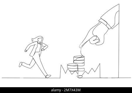 Cartoon of businesswoman running to catch the coin money in the steel bear trap. Metaphor for greed, financial risk and bad decision. One continuous l Stock Vector