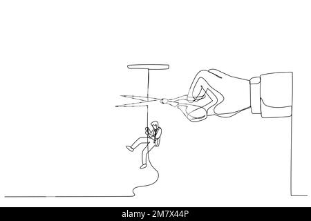 Drawing of businessman climbing on rope meanwhile a giant hand with scissors cutting the rope. One line style art Stock Vector