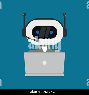 Robot working behind laptop. Vector illustration. Eps 10. Stock Vector