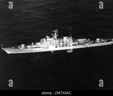 An aerial port beam view of the guided missile destroyer USS FARRAGUT ...
