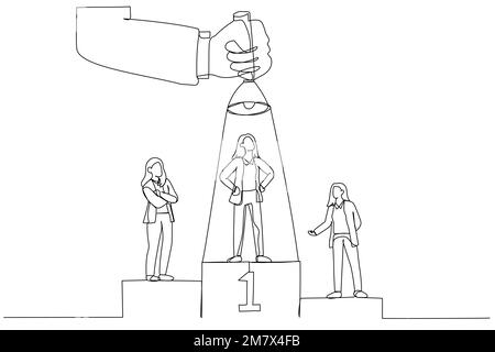 Illustration of businesswoman on podium, one among them being flash lighted by big hand from top using flashlight. Single line art style Stock Vector