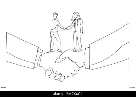 Cartoon of businesswoman shaking hands and making deal standing on giant hand. Metaphor for small and big business. One line art style Stock Vector