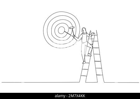 Cartoon of ambitious businesswoman on ladder using paint roller to paint big dartboard, archery target. One continuous line art style Stock Vector