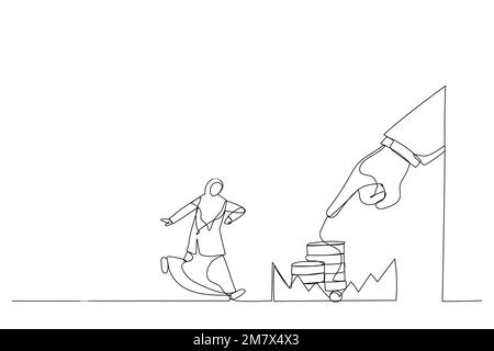 Cartoon of arab businesswoman running to catch the coin money in the steel bear trap. Metaphor for greed, financial risk and bad decision. One continu Stock Vector