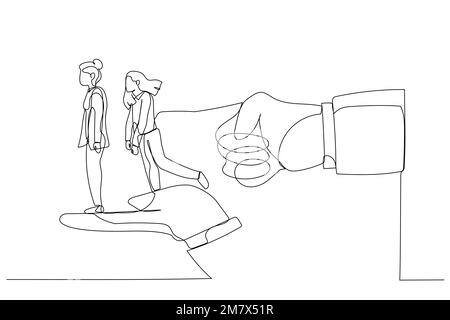 Drawing of index finger overturns row of businesswoman standing on big hands. Metaphor for dismissal, unemployment, layoffs. Single continuous line ar Stock Vector