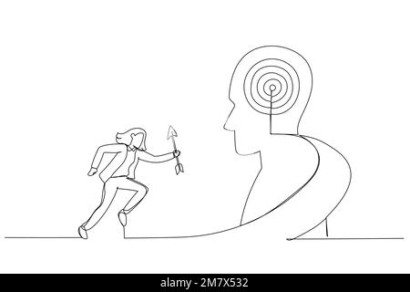 Drawing of businesswoman hold arrow running up stairway to the target on human head. Metaphor for growth, success, target, positioning. Continuous lin Stock Vector
