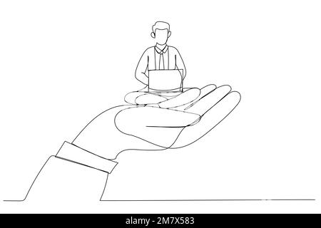Giant hand holding a businessman who works on laptop, emotional ...