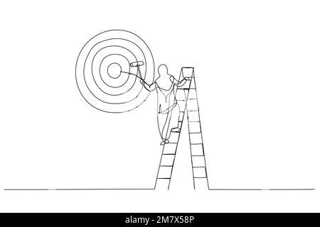 Illustration of ambitious muslim businesswoman on ladder using paint roller to paint big dartboard, archery target. Single line art style Stock Vector