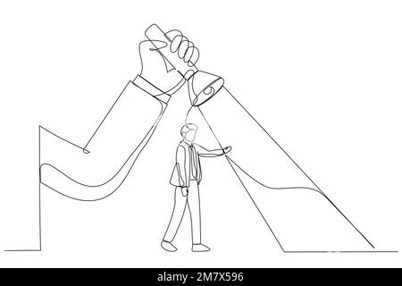 Cartoon of big hand holding a flashlight uncovering hidden arrow sign for businessman. Continuous line art Stock Vector
