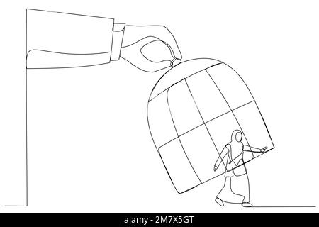 Cartoon of giant hand capturing a running muslim businesswoman with birdcage. One line art style Stock Vector