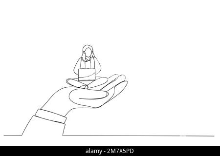 Illustration of giant hand holding a businesswoman who works on laptop, metaphor for employee care, corporate support. Single line art style Stock Vector