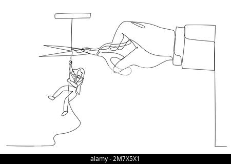 Drawing of businesswoman climbing on rope meanwhile a giant hand with scissors cutting the rope. Continuous line art style Stock Vector