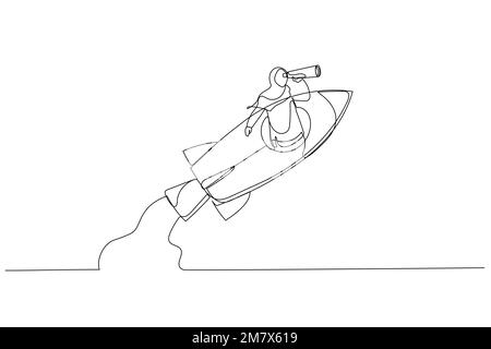 Drawing of muslim businesswoman manager open rocket window using telescope looking forward. Entrepreneurship, leadership to see future vision. Single Stock Vector