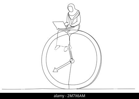 Drawing of muslim businesswoman using computer laptop sitting on clock working. After hours worker, working late overtime concept. Single continuous l Stock Vector