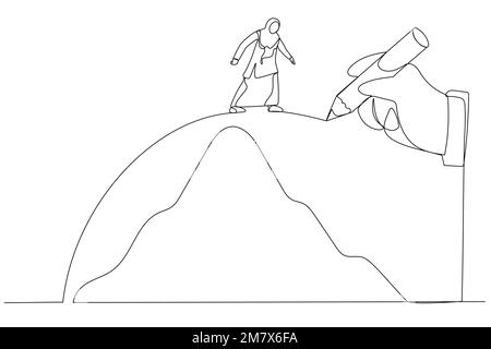 Drawing of giant hand draws a path to help the muslim woman cross the mountains, metaphor for conquering adversity. Continuous line art style Stock Vector