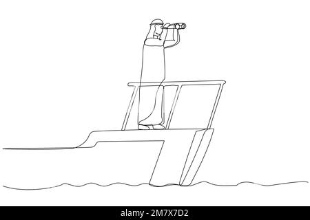 Cartoon of smart arab businessman boat captain control steering wheel helm with telescope vision. Business leadership and visionary to lead company su Stock Vector