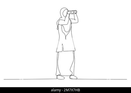 Cartoon of muslim businesswoman Looking Through Binocular. Career direction or work achievement concept. Continuous line art Stock Vector