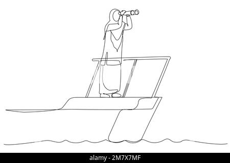 Cartoon of smart muslim businesswoman boat captain control steering wheel helm with telescope vision. Business leadership and visionary to lead compan Stock Vector