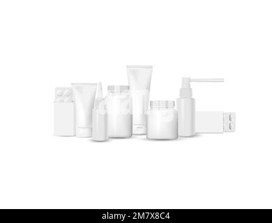 Different medical pills and bottles, healthcare and shopping, pharmacy, drug store isolated on background. Vector illustration. Eps 10. Stock Vector