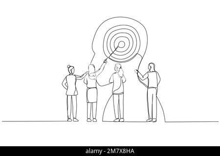 Illustration of business woman target customer and develop marketing strategy. Metaphor for data analysis. Single continuous line art style Stock Vector