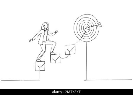 Illustration of smart businesswoman walk up checklist as staircase to achieve target. Metaphor for personal development plan for career success. Singl Stock Vector