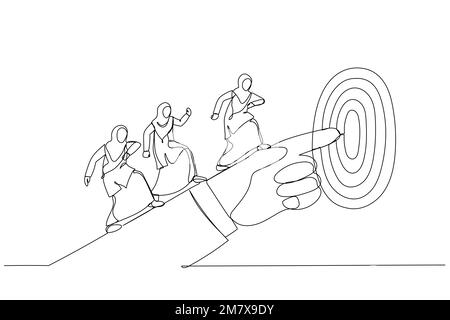 Cartoon of muslim businesswoman hand pointing to the target. One continuous line art style Stock Vector