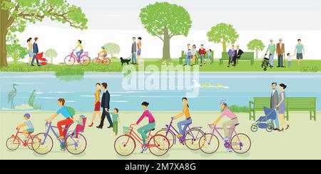 Recreation in the park with families and other people, illustration Stock Vector