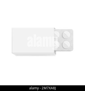 Package with tablets medicines mock up isolated on white background. Vector illustration. Eps 10. Stock Vector