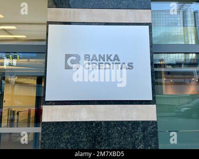 Prague, Czech Republic - January 10 2023: Logo of Banka Creditas next to the back entrance of their main office in Prague, Karlin. Creditas is a Stock Photo