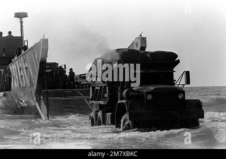 U.S. Marine vehicles are offloaded from utility landing craft 1657 (LCU-1657) during landing operations. U.S. Marines have been assigned to Lebanon as part of a multinational peacekeeping force following a confrontation between Israeli forces and the Palestine Liberation Organization. Base: Port Of Beirut Country: Lebanon (LBN) Stock Photo